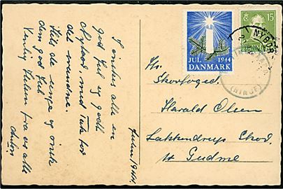 15 øre Chr. X og Julemærke 1944 på julekort annulleret med svagt bureaustempel Nyborg - Faaborg d. 22.12.1944 og sidestemplet med posthornstempel BOLTINGGAARD (RINGE) til Lakkendrup Skov pr. Gudme.