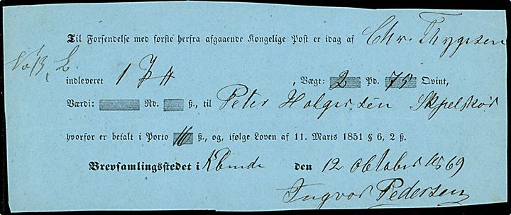 Kvittering fra Brevsamlingsstedet i Karrebæksminde d. 12.10.1869 for pakke med første afgående kgl. post til Skælskør. Brevsamlingsstedet blev oprettet i Karrebæksminde pr. 1.11.1865 og blev ændret til postekspedition med eget stempel i 1877. Sjælden formular.