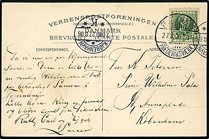 5 øre Chr. IX på brevkort (Spodsbjerg ud mod Kattegat) annulleret med bureaustempel Frederiksborg - Frederiksværk T.3 d. 27.8.1906 til Kjøbenhavn.