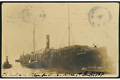 I. P. Justesen, S/S, Atalanta D/S A/S, København. Fotokort u/no. sendt fra Hull 1913. 