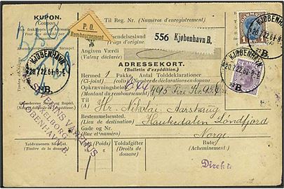 15 øre og 1 kr. Chr. X på internationalt adressekort for pakke med opkrævning fra Kjøbenhavn d. 20.7.1922 til Haukedalen, Norge.