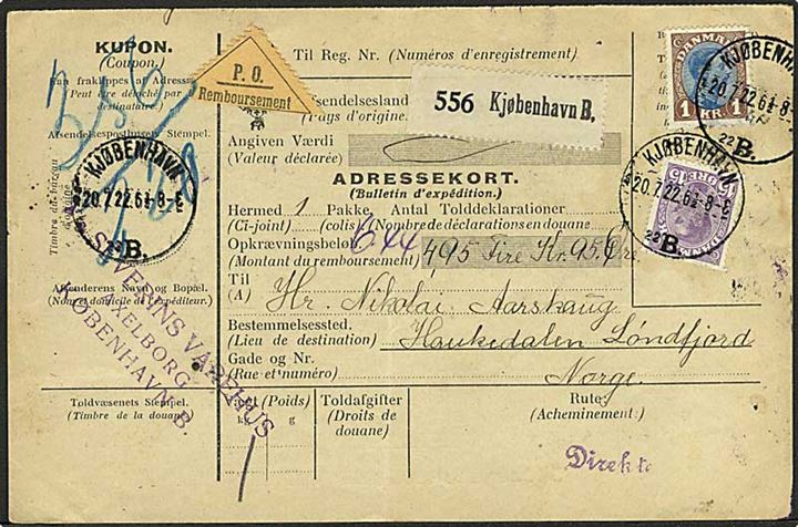 15 øre og 1 kr. Chr. X på internationalt adressekort for pakke med opkrævning fra Kjøbenhavn d. 20.7.1922 til Haukedalen, Norge.