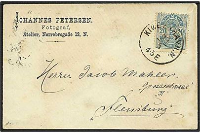 20 øre Våben på lille brev fra Kiøbenhavn N. d. 28.5.1888 til Flensburg, Tyskland.