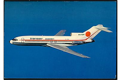 Boeing B727 SE-DDA fra Transair Sunjet. Reklamekort. 