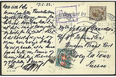 20 øre Chr. X på underfrankeret brevkort fra København d. 17.5.1923 til Schweiz. Violet portostempel T 30 c. og 25 c. Portomærke stemplet Tour de Peilz d. 21.5.1923. 