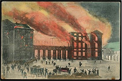 Købh., Kristiansborg Slot. Branden 1884 set fra Ridebanen. V.P. (Vestervoldgade Papirhandel) no. 428. Omtalt af Selsøe som Dansk Industri opfølgningsserie (Side 104-107).