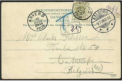 Ufrankeret brevkort (Torvet ved Jens Bangs Stenhus) stemplet Aalborg d. 9.7.1908 til Antwerpen, Belgien. Sort T stempel og udtakseret i porto med 20 c. belgisk Portomærke stemplet Anvers d. 11.7.1908. Mærke yderligt placeret.