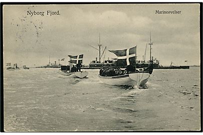 Nyborg Fjord, Marineøvelse med orlogsskibe i baggrunden. W. & M. no. 777.