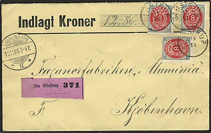 8 øre Tofarvet (3) på 24 øre frankeret værdibrev annulleret med lapidar stempel Glostrup d. 14.11.1895 til København.
