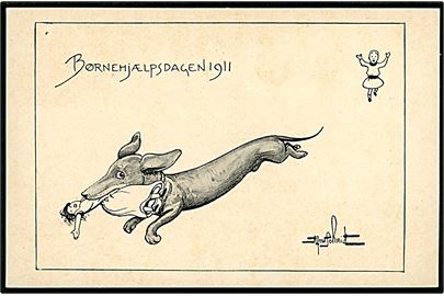 Alfred Schmidt: Børnehjælpsdagen 1911 Gravhund med dukke. Chr. J. Cato u/no.