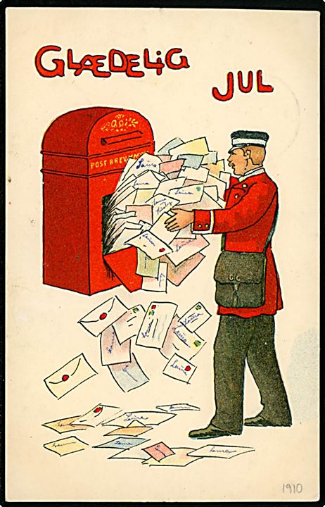 Postbud tømmer brevkasse. A. Vincent serie 302/5.