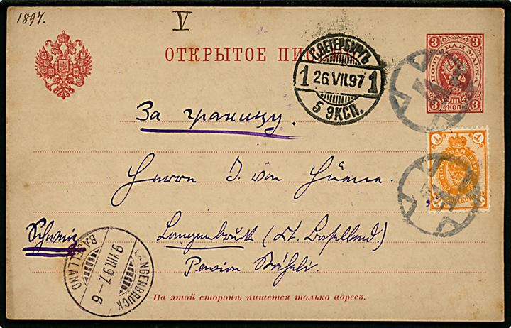 3 kop. helsagsbrevkort opfrankeret med 1 kop. Våben annulleret med nr.stempel 4 og sidestemplet St. Petersborg d. 26.7.1897 til Langenbruck, Schweiz.
