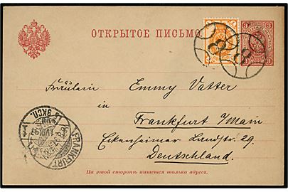 3 kop. helsagsbrevkort opfrankeret med 1 kop. Våben annulleret med nr.stempel 8 og sidestemplet St. Petersburg d. 1.8.1897 til Frankfurt, Tyskland. På bagsiden flot håndtegning.