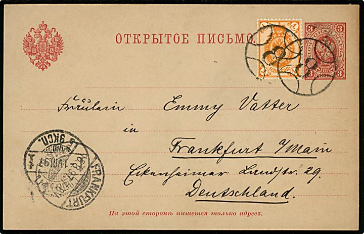3 kop. helsagsbrevkort opfrankeret med 1 kop. Våben annulleret med nr.stempel 8 og sidestemplet St. Petersburg d. 1.8.1897 til Frankfurt, Tyskland. På bagsiden flot håndtegning.