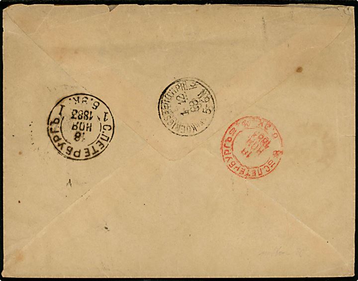 7 kop. Våben single på brev annulleret med nr.stempel 3 og på bagsiden sidestemplet St. Petersborg d. 18.11.1883 til Königsberg, Tyskland.