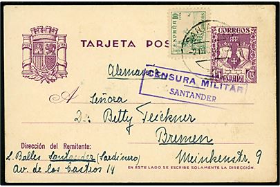 15 cts. helsagsbrevkort opfrankeret med 10 cts. Rytter fra Santander d. 2.12.1937 til Bremen, Tyskland. Lokal spansk censur fra Santander.