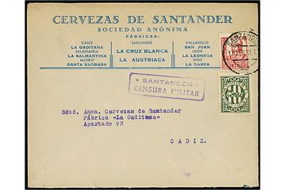 30 cts. Isabel og 10 cts. Cruzada contra el frio mærkat på brev fra Santander d. 11.7.1938 til Cadiz. Lokal spansk censur fra Santander.