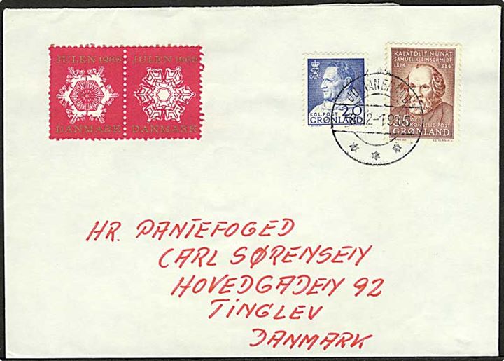 20 øre Fr. IX og 35 øre Martin Goldschmidt på brev fra Julianehåb d. 8.12.1966 til Tinglev.