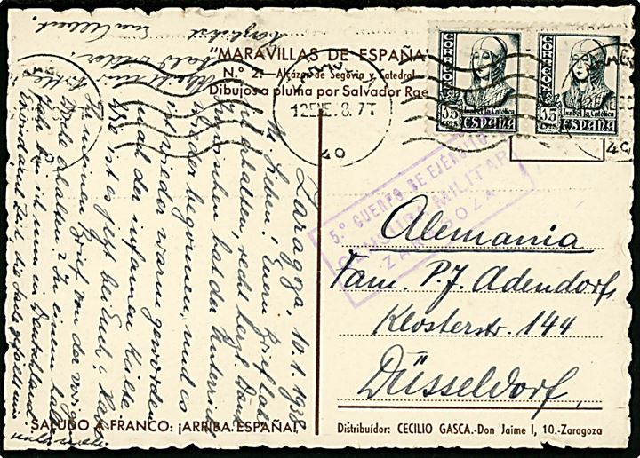 15 cts. Isabel i parstykke på brevkort fra Zaragoza d. 12.1.1938 til Düsseldorf, Tyskland. Lokal spansk censur fra Zaragoza.