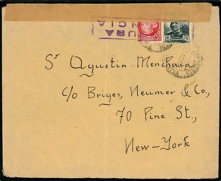 15 cts. og 30 cts. på brev fra soldat ved 114 Brigade stemplet Cordoba d. 12.11.1937 til New York, USA. Åbnet af spansk censur med del af afsender oversværtet af censuren.