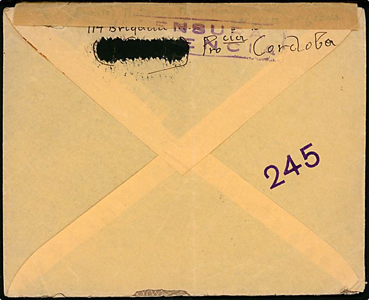 15 cts. og 30 cts. på brev fra soldat ved 114 Brigade stemplet Cordoba d. 12.11.1937 til New York, USA. Åbnet af spansk censur med del af afsender oversværtet af censuren.