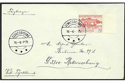 70 øre Postbefordring på tryksag stemplet Scoresbysund d. 18.8.1975 til Braunschweig, Tyskland.