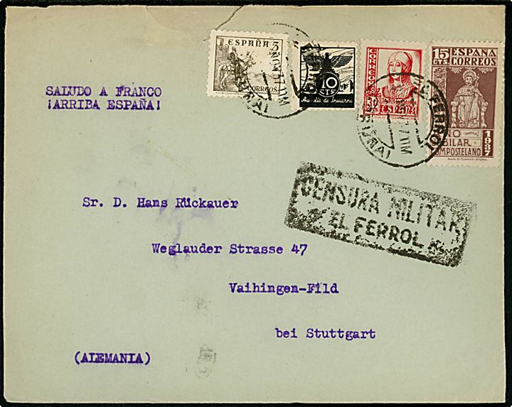 5 cts. Rytter, 15 cts. Ano Jubilar og 30 cts. Isabel, samt 10 cts. velgørenhed på fortrykt flåde (?) kuvert fra El Ferrol d. 2.11.1937 til Stuttgart, Tyskland. Lokal spansk censur fra El Ferrol.