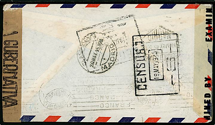 30 c. Transport på luftpostbrev fra New York d. 10.5.1945 til Madrid, Spanien. Åbnet af amerikansk censur no. 7946 og spansk censur i Madrid.