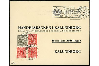 Ufrankeret lokalt svarkuvert i Kalundborg d. 3.5.1955. Udtakseret i enkeltporto med 2 øre (3) og 20 øre Portomærke stemplet Kalundborg d. 4.5.1955. Sumarisk afregning for flere breve.