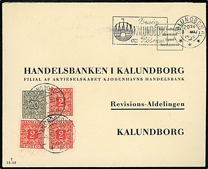 Ufrankeret lokalt svarkuvert i Kalundborg d. 3.5.1955. Udtakseret i enkeltporto med 2 øre (3) og 20 øre Portomærke stemplet Kalundborg d. 4.5.1955. Sumarisk afregning for flere breve.