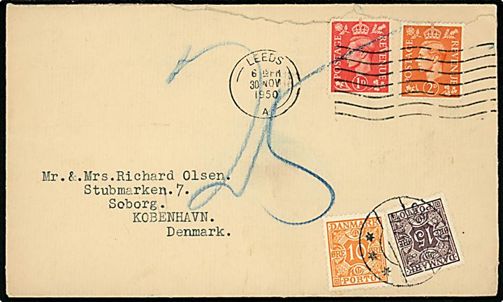 Britisk 1d og 2d George VI på underfrankeret brev fra Leeds d. 30.11.1950 til Søborg, Danmark. Udtakseret i porto med 10 øre og 15 øre Portomærke stemplet Søborg d. 2.12.1950, 