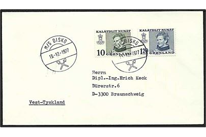 10 øre og 1,20 kr. Margrethe på brev stemplet M/S Disko d. 13.12.1977 til Braunschweig, Tyskland.