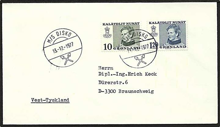 10 øre og 1,20 kr. Margrethe på brev stemplet M/S Disko d. 13.12.1977 til Braunschweig, Tyskland.