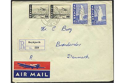 30 aur Luftpost (par) og 45 aur Geysir (2) på anbefalet luftpostbrev fra Reykjavik d. 11.11.1948 til Brønderslev, Danmark.