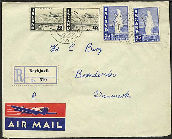 30 aur Luftpost (par) og 45 aur Geysir (2) på anbefalet luftpostbrev fra Reykjavik d. 11.11.1948 til Brønderslev, Danmark.