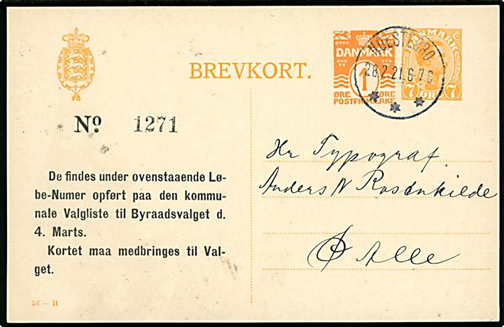 7+1 øre provisorisk helsagsbrevkort (fabr. 56-H) sendt lokalt i Holstebro d. 28.2.1921. Anvendt som valgkort ved byrådsvalget d. 4.3.1921.