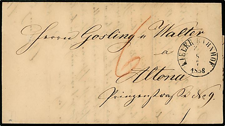 1858. Ufrankeret francobrev med antiqua Kieler Bahnhof d. 8.7.1858 til Altona. Påskrevet 6 sk. porto.