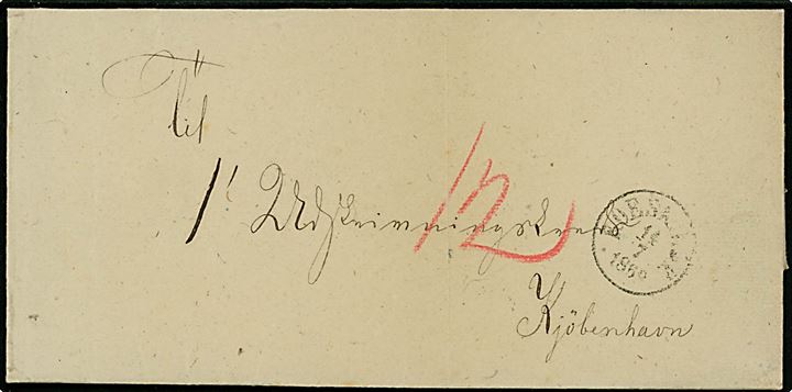 1869. Ufrankeret brev fra Lejre Herredskontor med antiqua Roeskilde d. 14.7.1869 til 1. Udskrivningskontor i Kjøbenhavn. Påskrevet 12 sk. porto.