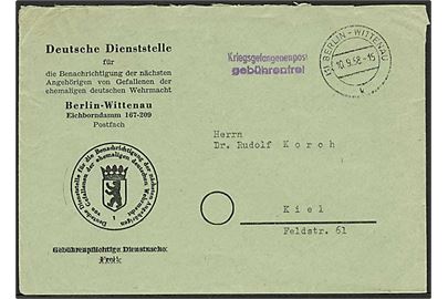 Ufrankeret krigsfangebrev fra Berlin d. 10.9.1958 til Kiel.