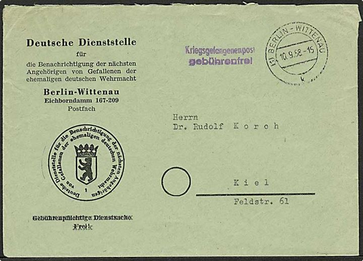 Ufrankeret krigsfangebrev fra Berlin d. 10.9.1958 til Kiel.
