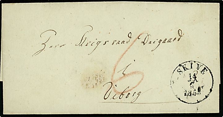 1853. Portobrev med antiqua Skive d. 14.6.1853 til Krigsraad Deigaard, Viborg. Påskrevet 6 sk. porto.