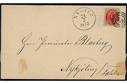 4 sk. Tofarvet på brev annulleret med nr.stempel 50 og sidestemplet antiqua Nysted d. 21.2.1873 til Nykjøbing Falster. 