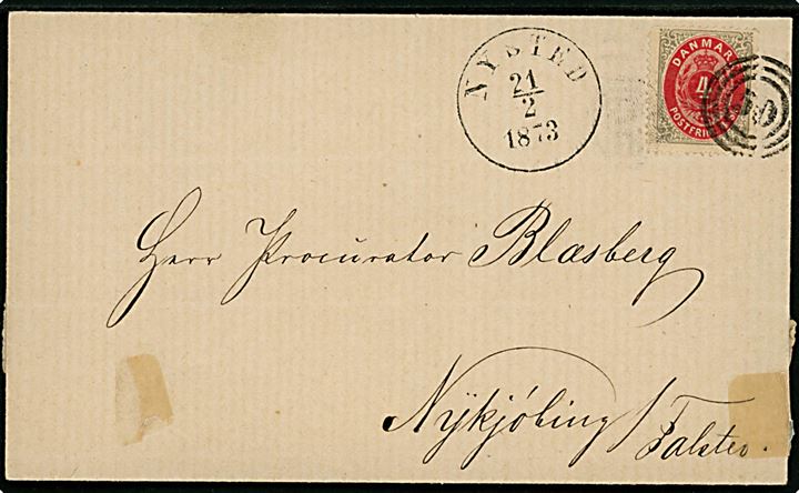 4 sk. Tofarvet på brev annulleret med nr.stempel 50 og sidestemplet antiqua Nysted d. 21.2.1873 til Nykjøbing Falster. 
