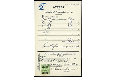 10 øre Gebyr provisorium annulleret med kontorstempel Kjøbenhavn B d. 4.5.1923 på Attest for Indkøb af Frimærker m.v. - (F.Form. Nr. 43 (1/4 23).