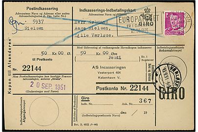 75 øre Fr. IX single på retur Indkasserings-Indbetalingskort annulleret med TMS Europatoget er i Danmark 15.-30. Sept./København OMK. d. 12.9.1951 til Lille Værløse.