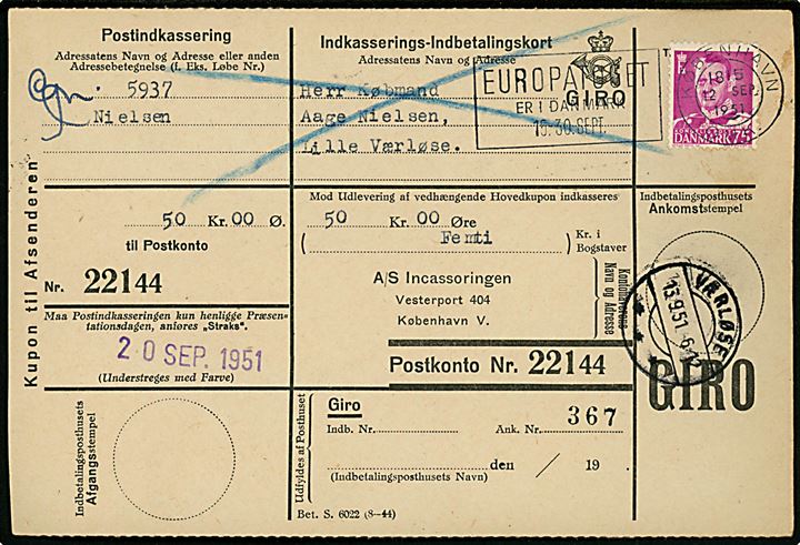 75 øre Fr. IX single på retur Indkasserings-Indbetalingskort annulleret med TMS Europatoget er i Danmark 15.-30. Sept./København OMK. d. 12.9.1951 til Lille Værløse.