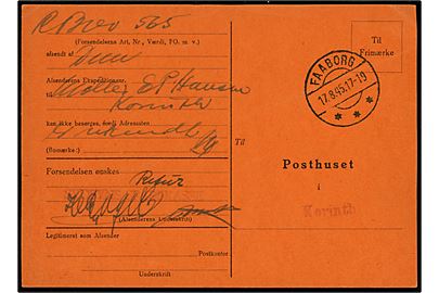 Forespørgsel vedr. uanbringeligt anbefalet brev fra Korinth d. 16.8.1945 til Sydfyns Sparekasse i Faaborg. På bagsiden svar fra Faaborg d. 17.8.1945.