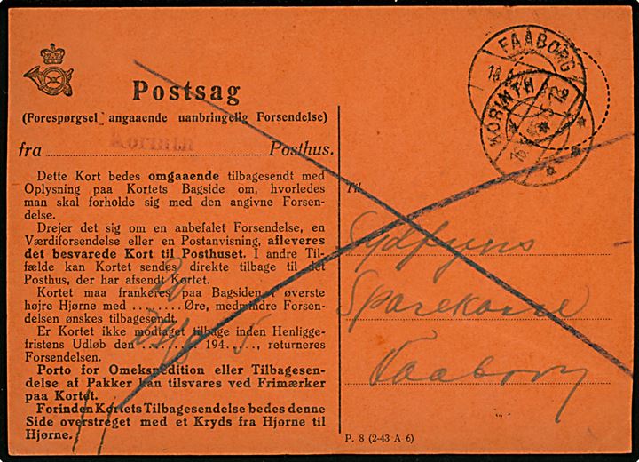 Forespørgsel vedr. uanbringeligt anbefalet brev fra Korinth d. 16.8.1945 til Sydfyns Sparekasse i Faaborg. På bagsiden svar fra Faaborg d. 17.8.1945.