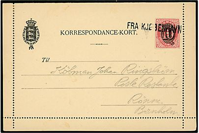 8 øre helsagskorrespondancekort med rand opfrankeret med 10/8 øre helsagsafklip annulleret med skibsstempel FRA KJØBENHAVN til Rønne på Bornholm. På bagsiden Julemærke 1910 i single og fireblok. 