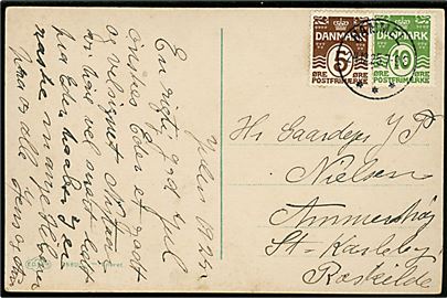 5 øre og 10 øre Bølgelinie på brevkort annulleret med brotype IIIb Hammel d. 24.12.1915 til Roskilde.